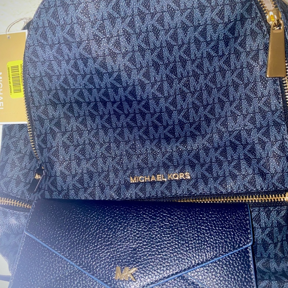 Michael Kors MK Blue Rhea Backpack, Tri-Fold Wallet, & Drawstring Bag Set - Picture 4 of 14